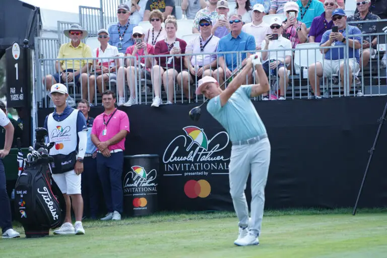 Rickie Fowler teeing off at the 2020 Bay Hill Invitational.