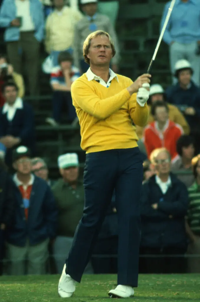 Jack Nicklaus tee off at the Masters Golf Tournament in 1977.